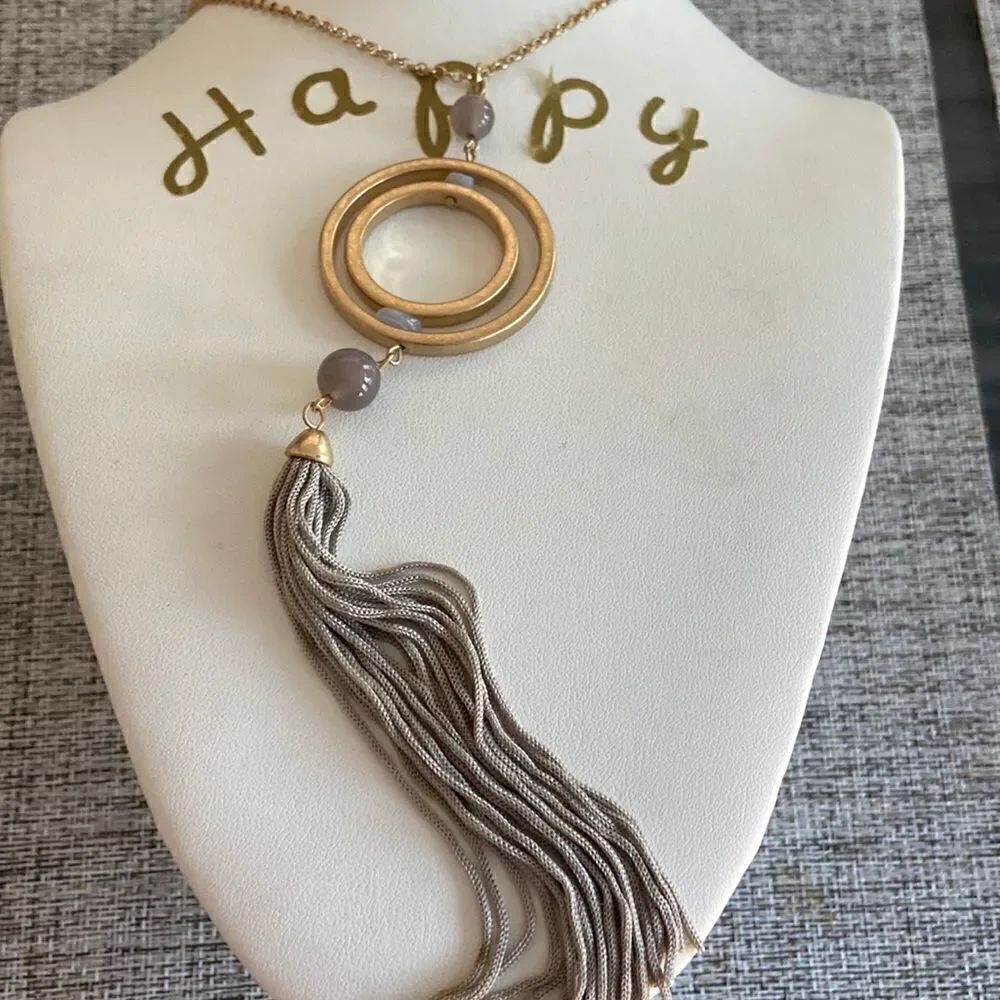 Chico’s NWT necklace tassel gray stones old gold color circle 32”